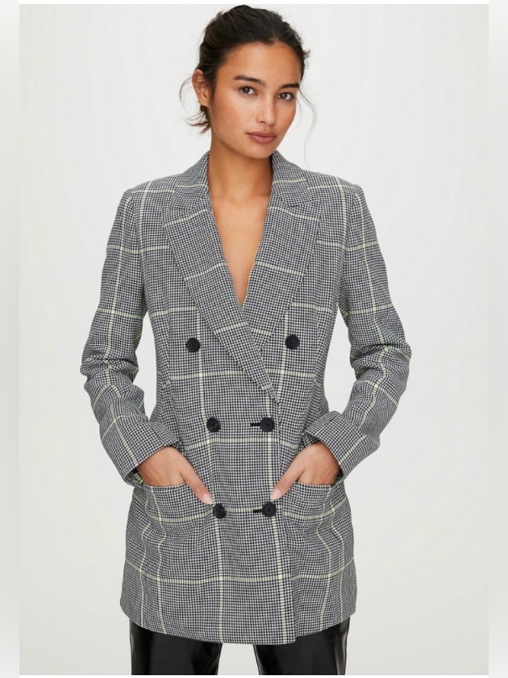 Aritzia Wilfred Margaux Houndstooth Checked Double-Breasted Long Blazer